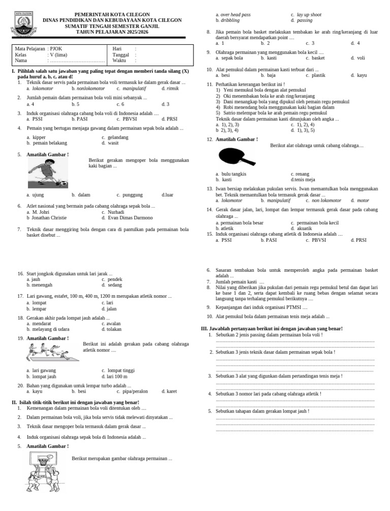 Soal Ujian PJOK Kelas V Cilegon 2025 PDF