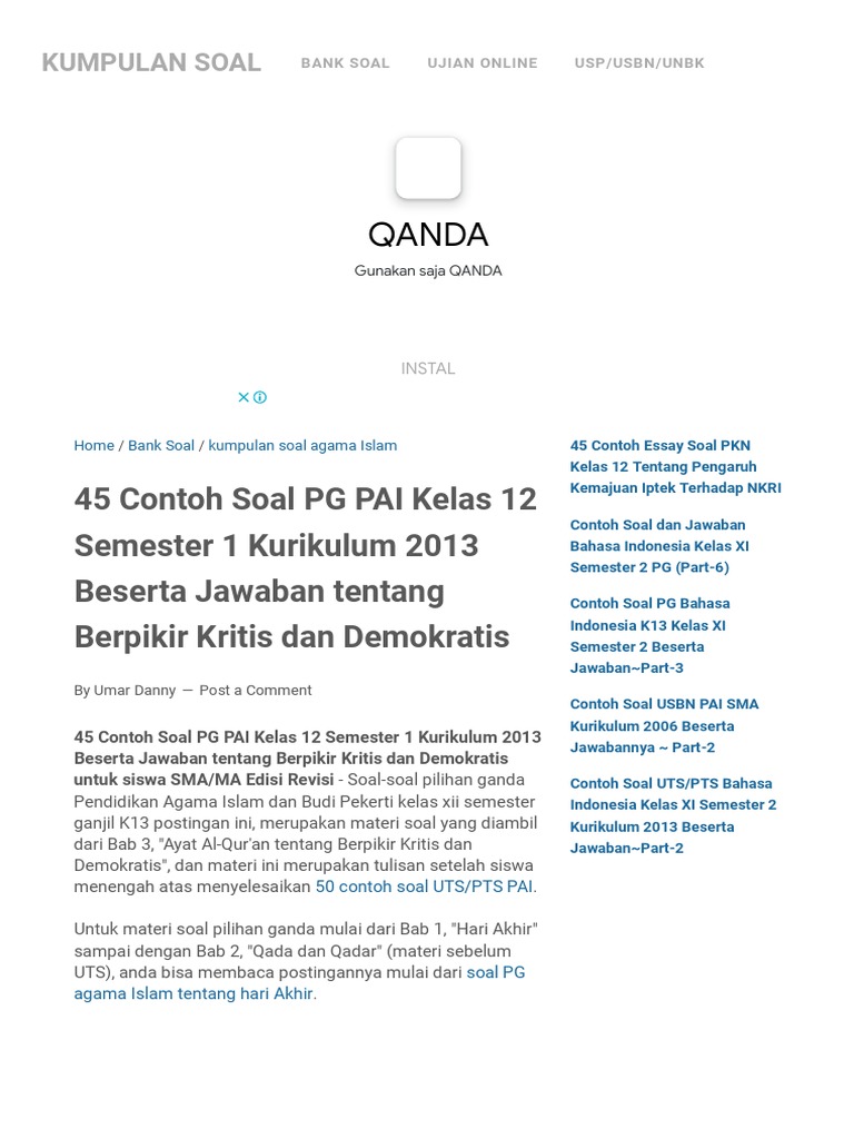 Menguasai Materi PAI Kelas XII Semester 1 Kumpulan Soal Pilihan Ganda Menguasai Materi PAI Kelas XII Semester 1 Kumpulan Soal Pilihan Ganda