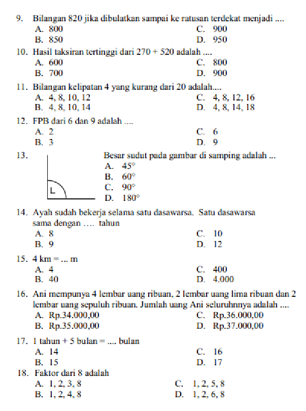 40 Soal PAS Matematika Kelas 4 Semester 1 40 Soal PAS Matematika Kelas 4 Semester 1