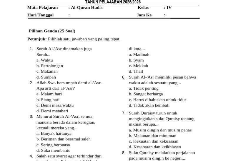 5 Contoh Soal Ujian Alquran Hadis Kelas 4 Semester Ganjil yang Wajib Dikuasai Siswa