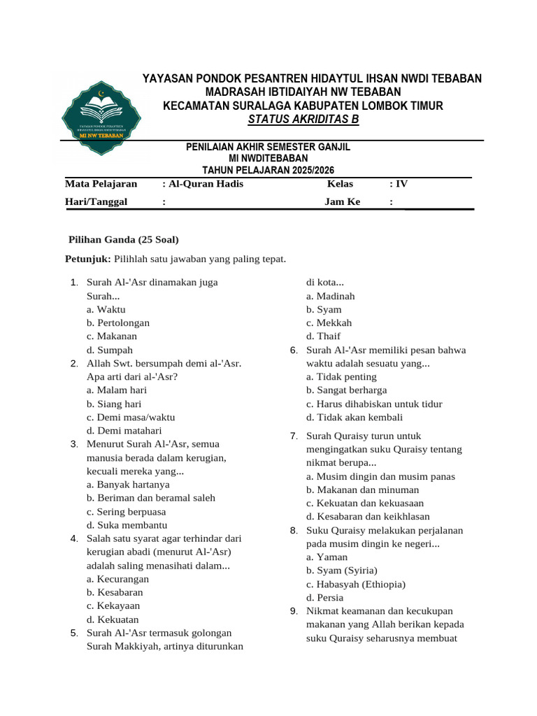 5 Contoh Soal Ujian Alquran Hadis Kelas 4 Semester Ganjil yang Wajib Dikuasai Siswa