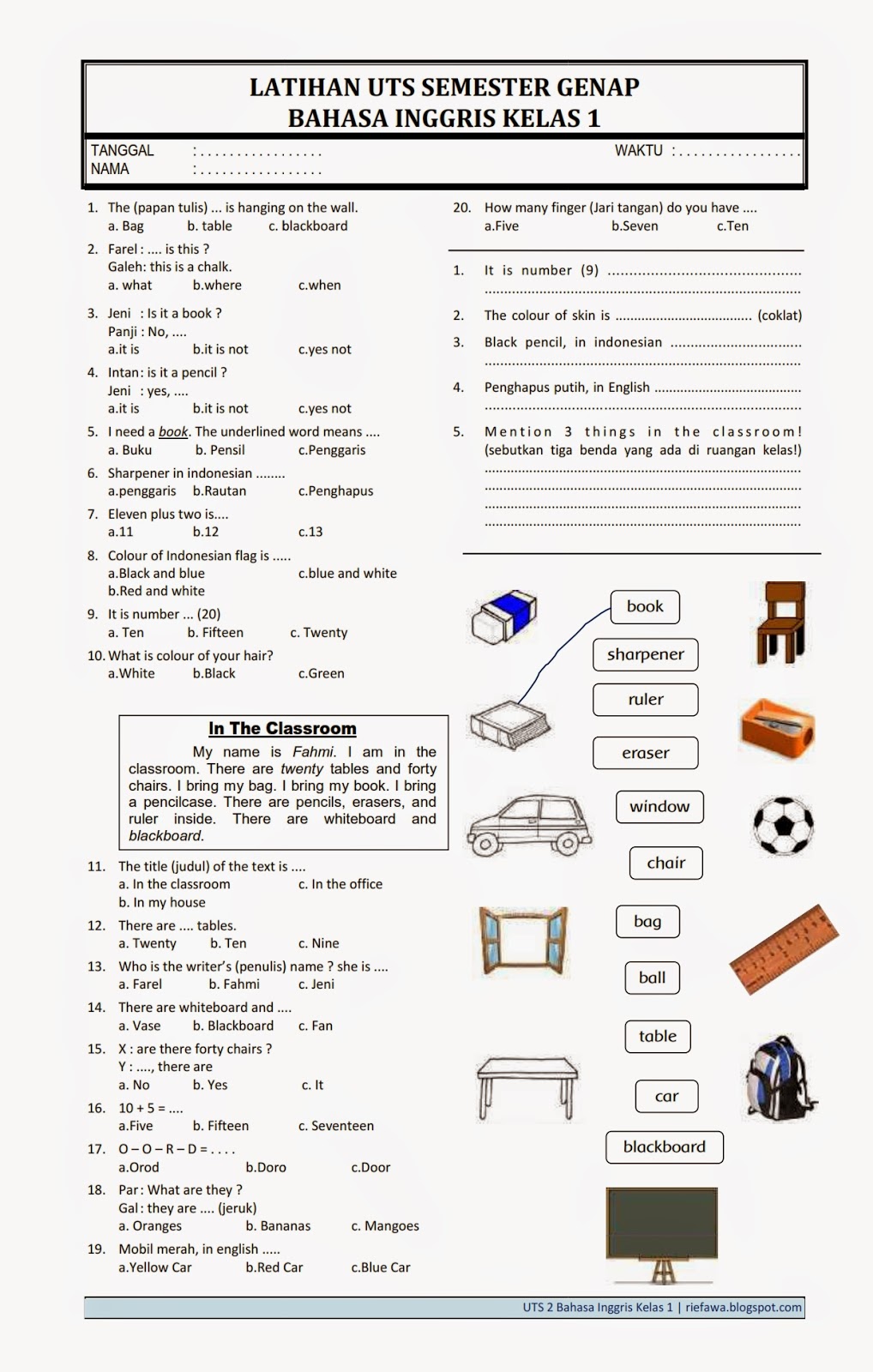 Contoh Soal UTS Bahasa Inggris Kelas 1 SD Contoh Soal UTS Bahasa Inggris Kelas 1 SD