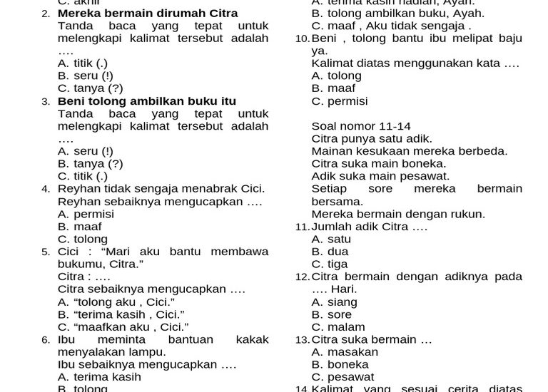 10 Contoh Soal Mid Bahasa Indonesia Semester 2 Kelas 1 Tema 5 yang Wajib Dikuasai Sebelum Ulangan