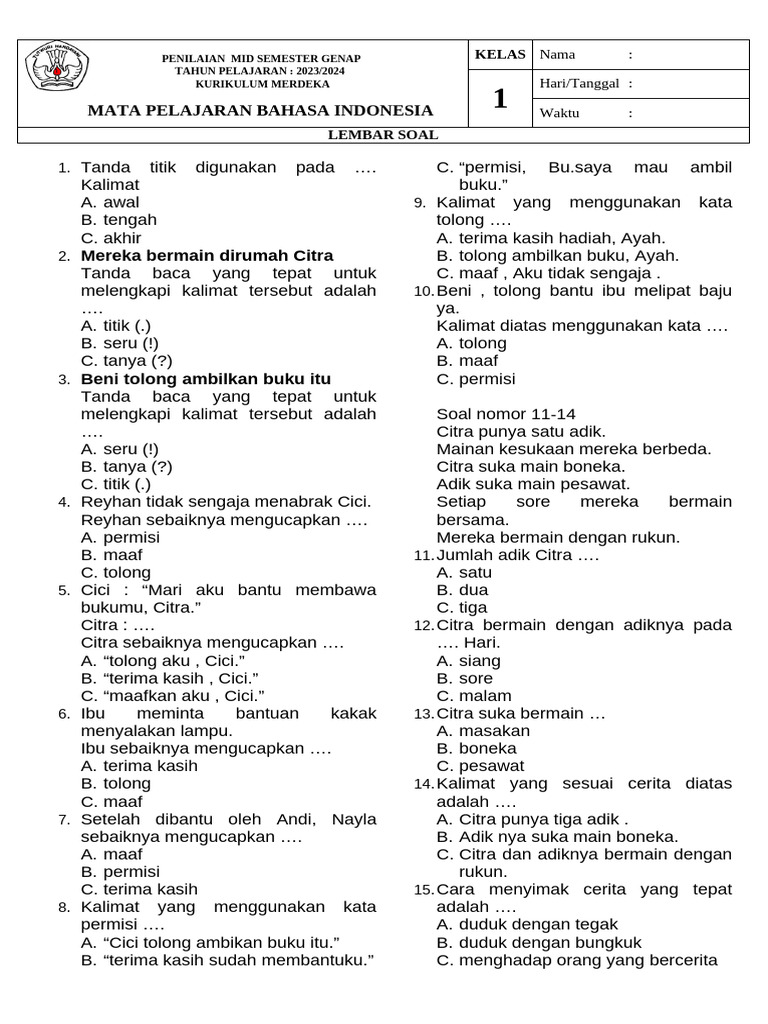 10 Contoh Soal Mid Bahasa Indonesia Semester 2 Kelas 1 Tema 5 yang Wajib Dikuasai Sebelum Ulangan