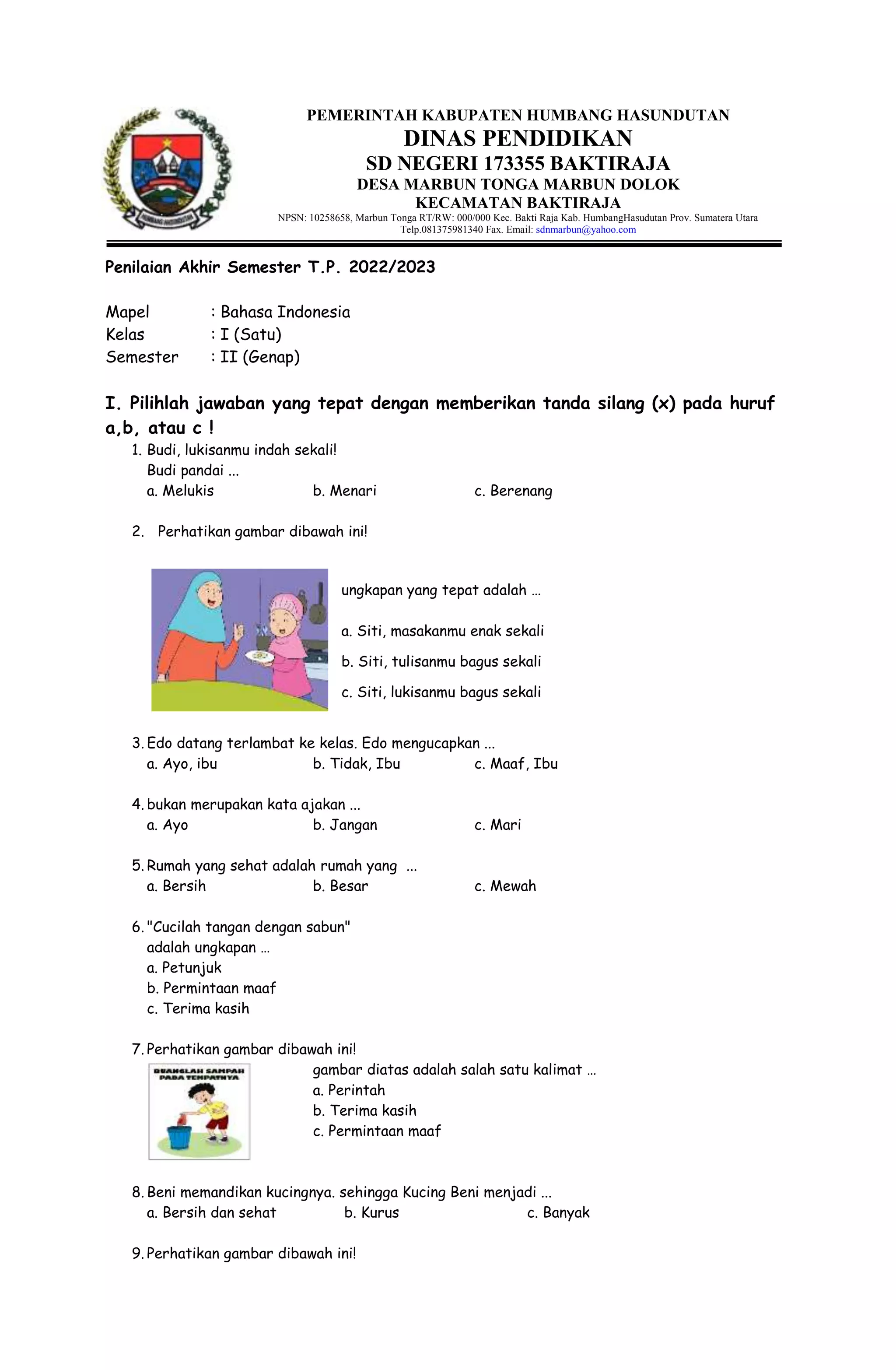 Soal Ujian Bahasa Indonesia Kelas 1 pdf Soal Ujian Bahasa Indonesia Kelas 1 pdf