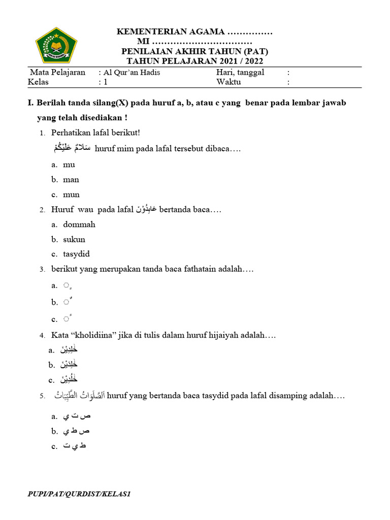 Soal PAT Al-Quran Hadis Kelas 1 PDF Soal PAT Al-Quran Hadis Kelas 1 PDF
