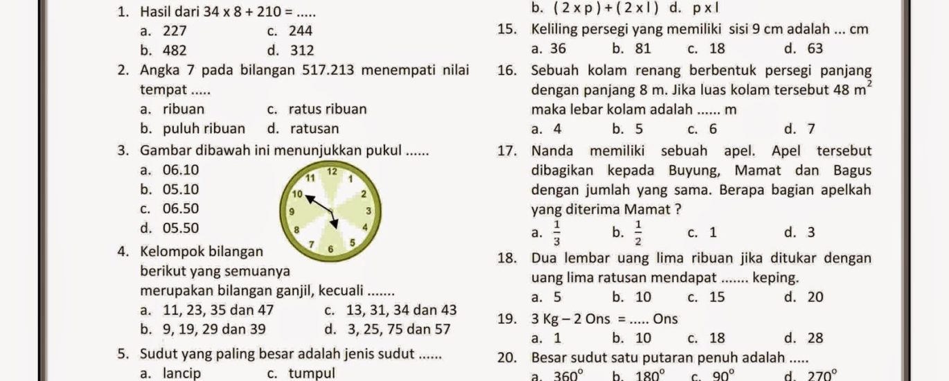 Akhirnya Tersedia Contoh Soal Ujian Akhir Semester Kelas 4 MTK Semester 2 Plus Kunci Jawaban