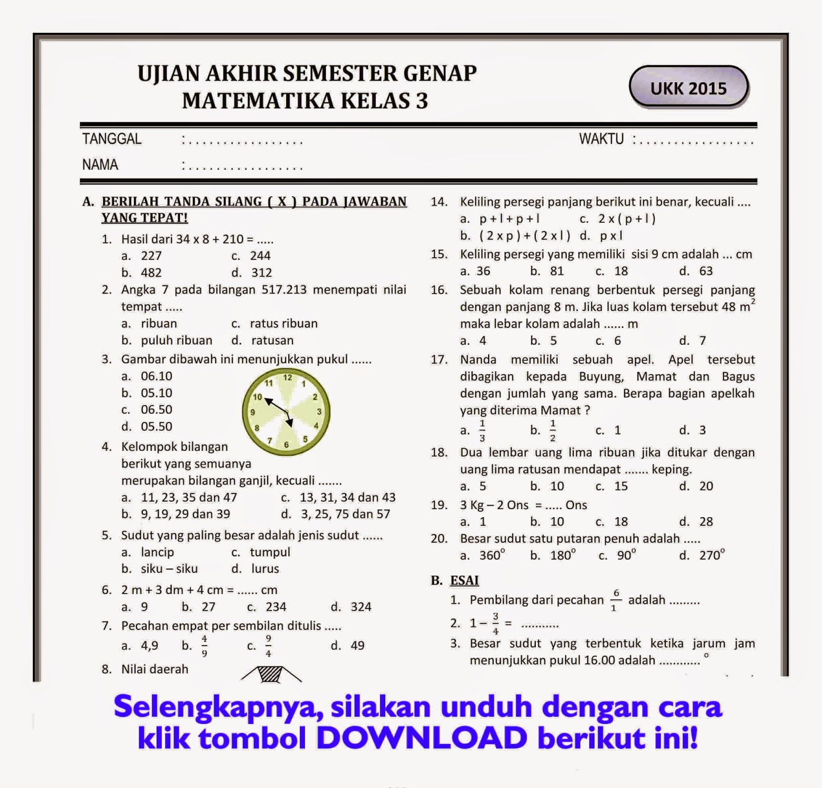 Akhirnya Tersedia Contoh Soal Ujian Akhir Semester Kelas 4 MTK Semester 2 Plus Kunci Jawaban