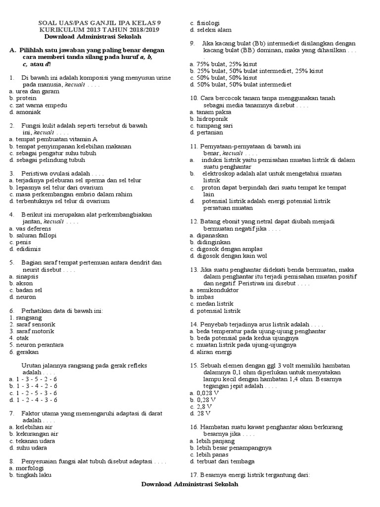 Soal UAS IPA Kelas 9 Kurikulum 2013 PDF Soal UAS IPA Kelas 9 Kurikulum 2013 PDF