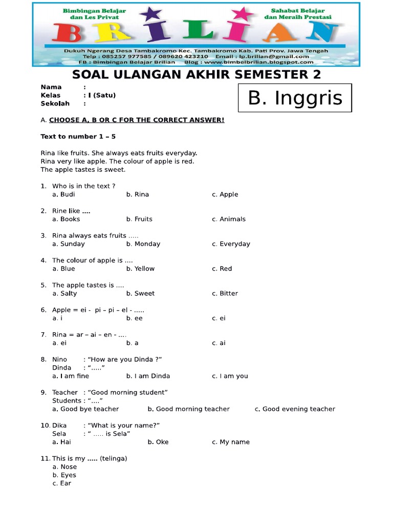 Tingkatkan Kemampuan Bahasa Inggrismu Kumpulan Soal Kelas 3 SD