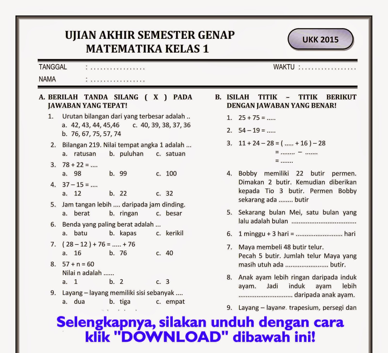 Pelajaran Matematika Kelas 1 Dalchaebi