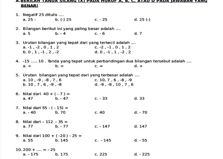 contoh soal ujian akhir semester kelas 4 matematika semester 2
