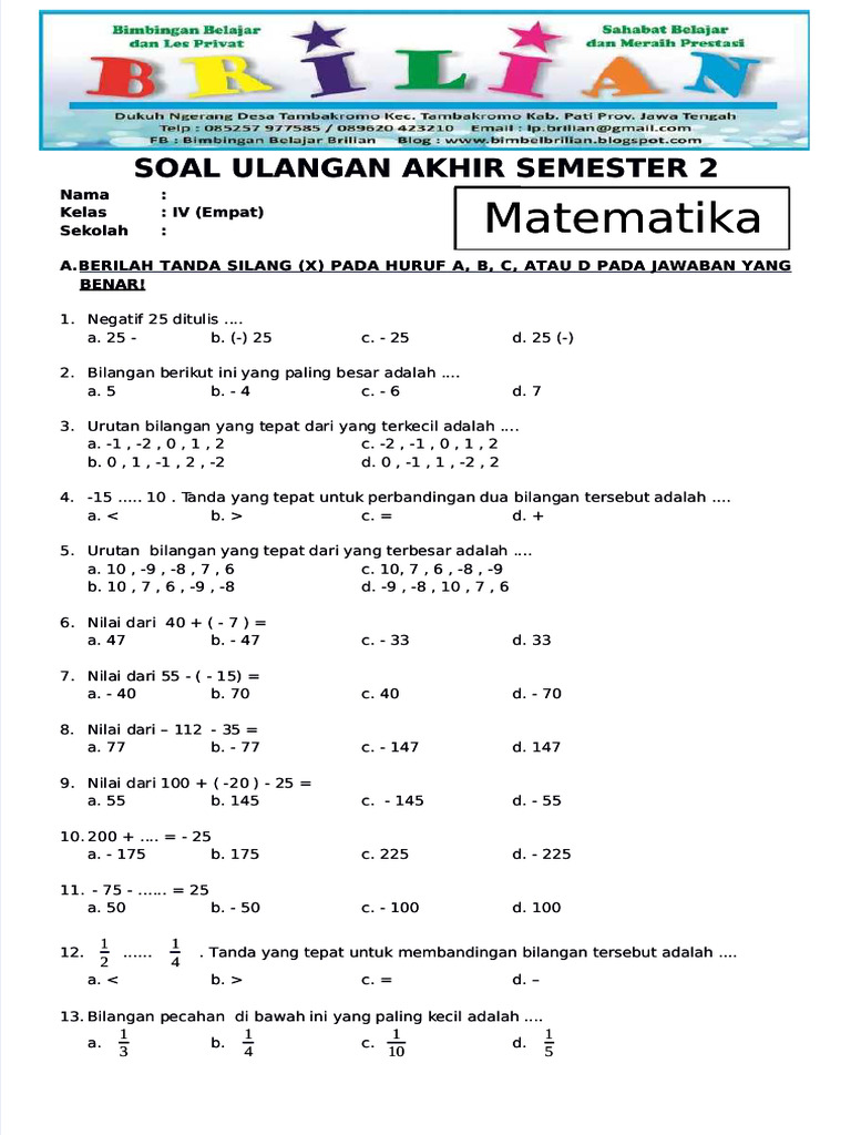 contoh soal ujian akhir semester kelas 4 matematika semester 2