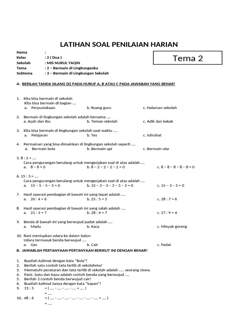 Rahasia Nilai Sempurna dengan Latihan Soal Tematik Kelas 2 SD Tema 2 2018 Terbaru