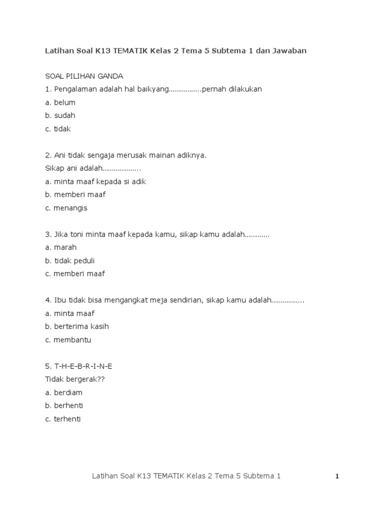 Rahasia Sukses Siswa Pintar Lewat Latihan Soal Tematik Kelas 2 Tema 5 Subtema 1 Terbaru