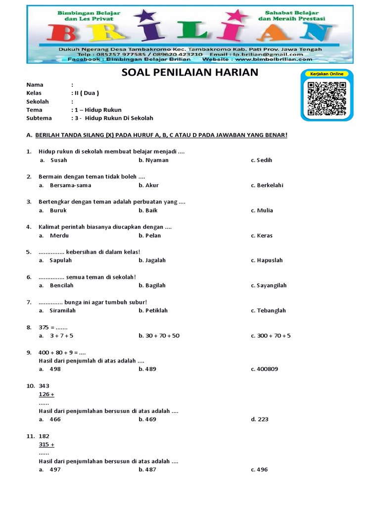 Wajib Tahu! Kumpulan Latihan Soal Tematik Kelas 2 SD Tema Aku dan Sekolahku Terbaru