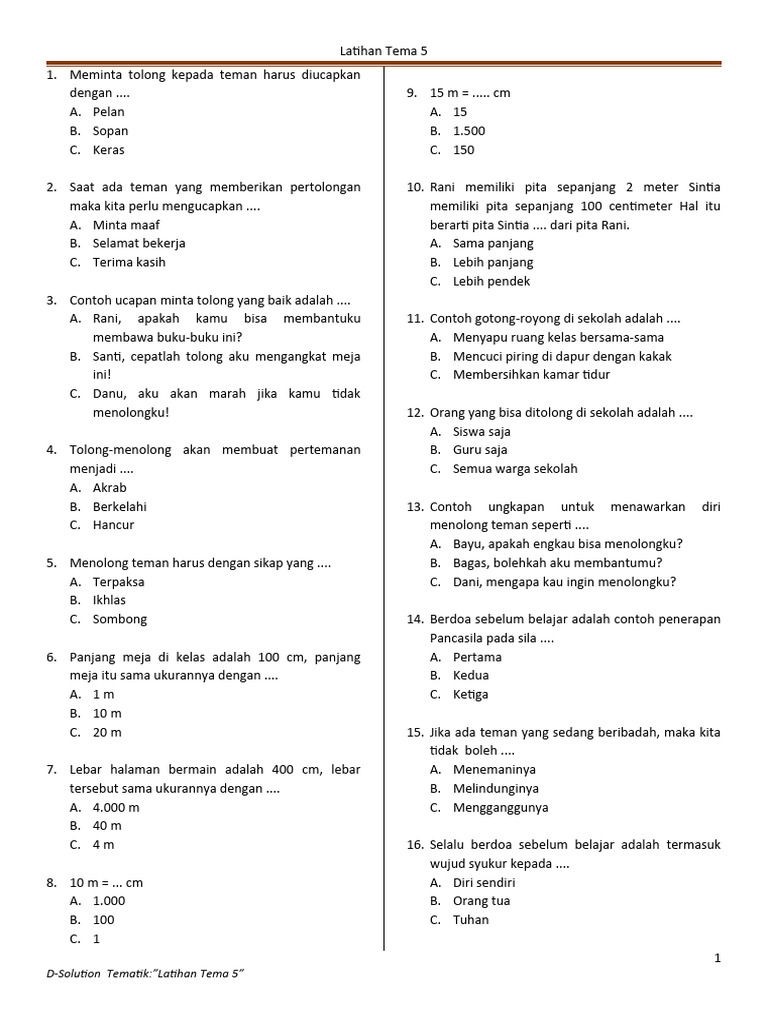Wajib Tahu! Latihan Soal Tematik Kelas 2 SD Tema 5 Ini Bantu Anak Belajar Lebih Cepat